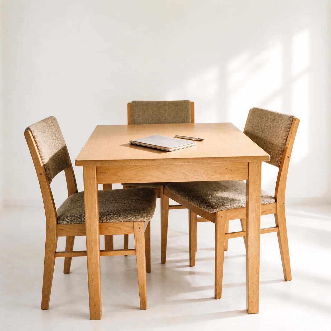 Mesa de reunião com caderno e luz natural